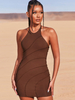 Bodycon Kleider Kaffee Braun Ärmellose Paspel Lässige Halfter Layered Slim Fit Kleid Etuikleid