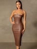 Bodycon Kleider Kaffee Braun Trägerlose Paspel Offene Schulter Lässig Ärmelloses Bleistiftkleid