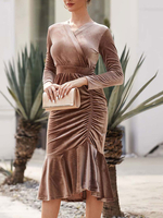 Bodycon Kleider Kaffee Braun V-Ausschnitt Klassisch Langarm Unregelmäßig Saum Wickel Bleistiftkleid