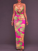 Bodycon Kleider Leaf Printed Neckholder Backless Stretch Maxi Kleid