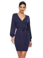 Bodycon Kleider Marineblau Schnürung mit V-Ausschnitt Asymmetrisch Lässig Langarm Bleistiftkleid