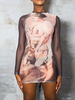 Bodycon Kleider Pink Tie Dye Langarm Paspelierung Casual Jewel Neck Sheer Slim Fit Kleid Etuikleid