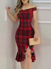 Bodycon Kleider Plaid Muster Burgund Bateau Neck Reißverschluss geschichtet Sexy Kurzarm Bleistiftkleid