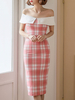 Bodycon Kleider Plaid Pink Off-The-Shoulder Split Front Layered Sexy Kurzarm Bleistiftkleid
