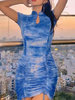 Bodycon Kleider Red Tie Dye Kurzarm Schnüren Sexy High Collar Etuikleid