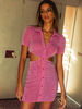 Bodycon Kleider Rosa Kurzarm Knöpfe Lässig V-Ausschnitt Unregelmäßiges Midikleid Etuikleid