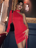 Bodycon Kleider Rot Eine Schulter Lange Ärmel Schnüren Lässig Hoher Kragen Asymmetrisches Slim Fit Kleid Etuikleid