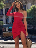 Bodycon Kleider Rot Ärmelloses Plissee Sexy Asymmetrisches Etuikleid Etuikleid