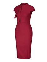 Bodycon Kleider Rote Kurzarm Hohe Kragen Slim Fit Kleid Etuikleid Büro Bleistiftkleid