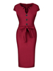 Bodycon Kleider Rote Kurzarm Knöpfe V-Ausschnitt Midi Kleid Etuikleid Bleistiftkleid