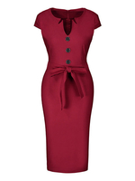 Bodycon Kleider Rote Kurzarm Knöpfe V-Ausschnitt Midi Kleid Etuikleid Bleistiftkleid