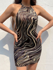 Bodycon Kleider Schwarz Animal Animal Pattern Ärmelloses Schnür-Casual Halfter Asymmetrisches Etuikleid
