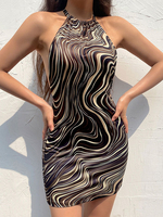 Bodycon Kleider Schwarz Animal Animal Pattern Ärmelloses Schnür-Casual Halfter Asymmetrisches Etuikleid