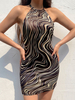 Bodycon Kleider Schwarz Animal Print Muster Ärmelloses Schnür-Casual Neckholder Backless Midi Kleid Etuikleid