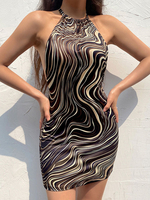 Bodycon Kleider Schwarz Animal Print Muster Ärmelloses Schnür-Casual Neckholder Backless Midi Kleid Etuikleid