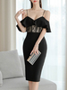 Bodycon Kleider Schwarz Blumendruck Kurzärmel Split Front Sexy V-Ausschnitt Layered Midi Etuikleid
