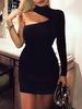 Bodycon Kleider Schwarz High Collar Cut Out Asymmetrisch Sexy Langarm Bleistiftkleid