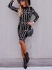 Bodycon Kleider Schwarz High Collar Piping Stretch Geometric Casual Langarm Bleistiftkleid