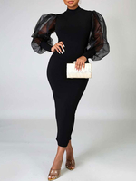 Bodycon Kleider Schwarz Langarm Casual Jewel Neck Semi Sheer Midi Kleid Etuikleid
