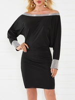 Bodycon Kleider Schwarz Off-The-Shoulder Nieten Sexy Langarm Bleistiftkleid