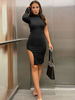 Bodycon Kleider Schwarz One Shoulder Split Front Stretch Casual Lange Ärmel Bleistiftkleid