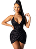 Bodycon Kleider Schwarz Ärmellos Neckholder Pailletten Sexy V-Ausschnitt Asymmetrisches Etuikleid
