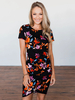 Bodycon Kleider Schwarzes Blumenmuster Kurzarm Casual Jewel Neck Sheath Dress