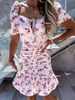 Bodycon Kleider Weiß Blumendruck Kurze Ärmel Lässiges Midikleid mit V-Ausschnitt Etuikleid