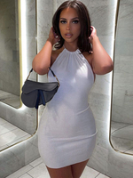 Bodycon Kleider Weiß Ärmellos Plissee Neckholder Asymmetrisches Slim Fit Kleid Lässiges Etuikleid