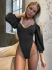 Bodysuit Schwarz Langarm Sweetheart Neck Piping Stretch Sexy Polyester Top Für Frauen