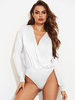 Bodysuit Weiß Langarm Plissee Piping Stretch V-Ausschnitt Casual Polyester Damen Top