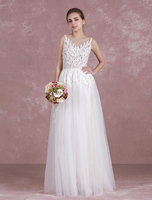 Boho Beach Strand Brautkleider 2020 Brautkleid Beach Strand Brautkleid Illusion Spitze Tüll ärmellose Applikation eine Linie Schärpe Stock Länge Brautkleid Milanoo