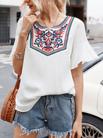 Boho Bluse Weiße Baumwolle Jewel Neck Bestickte Kurzarm Tops