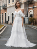Boho Brautkleid Lace A-line V-Ausschnitt Natürliche Taille Perlen Hochzeitskleid