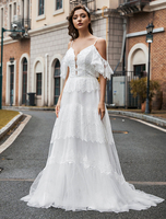 Boho Brautkleid Lace A-line V-Ausschnitt Natürliche Taille Perlen Hochzeitskleid