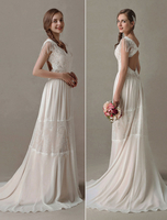 Boho Brautkleider A-Linie- Brautkleider V-Ausschnitt Champagner Chiffon mit Court-Schleppe ärmellos natürliche Taillenlinie und Kette 45cm