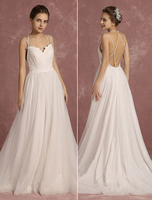 Boho Brautkleider A-Linie- Herz-Ausschnitt Elfenbeinfarbe Spitze mit Court-Schleppe ärmellos natürliche Taillenlinie kreuz und quer