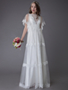Boho Brautkleider A-Linie- mit Bateau-Kragen Elfenbeinfarbe Spitze bodenlang Kurzarm natürliche Taillenlinie und Reißverschluss und Spitzen