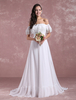 Boho Brautkleider A-Linie- mit Carmenausschnitt Weiß Chiffon und Court-Schleppe Kurzarm natürliche Taillenlinie und Reißverschluss und Spitzen