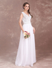 Boho Brautkleider Chiffon A-Linie- Brautkleider Elfenbeinfarbe bodenlang natürliche Taillenlinie V-Ausschnitt ärmellos mit Schulterfrei