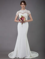 Boho Brautkleider Mermaid- mit Rundkragen Elfenbeinfarbe Michartige Seide und Kapelle-Schleppe Kurzarm natürliche Taillenlinie