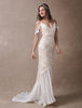 Boho Brautkleider Mermaid- V-Ausschnitt Champagner Satingewebe mit Court-Schleppe Kurzarm natürliche Taillenlinie und Spitzen