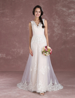 Boho Brautkleider Satingewebe A-Linie- Brautkleider Champagner mit Court-Schleppe natürliche Taillenlinie und Reißverschluss V-Ausschnitt