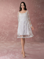 Boho Brautkleider Spitze A-Linie- Brautkleider Brautkleider für Schwangere Weiß knielang natürliche Taillenlinie mit Reißverschluss und Rundkragen