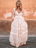 Boho Brautkleider Spitze A-Linie- Brautkleider milchweiß mit Court-Schleppe natürliche Taillenlinie V-Ausschnitt 1/2 Ärmel und Spaghettiträger