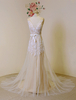 Boho Hochzeit Kleid Nude Tüll Brautkleid rückenfreie a-line Gericht Zug Beach Strand Hochzeit Spitzenkleid mit abnehmbaren Schärpe Satin