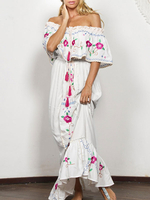 Boho Kleid aus der Schulter mit kurzen Ärmeln besticktes Strandkleid