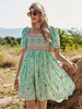 Boho Kleid Bateau Neck Kurzarm Ärmel mit Blumenmuster Stretch Plissee Midi Sommerkleid