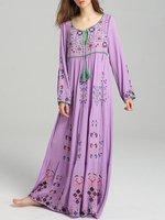 Boho Kleid bestickt Jewel Neck Langarm Sommerkleid