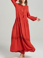 Boho Kleid bestickt Jewel Neck Langarm Sommerkleid